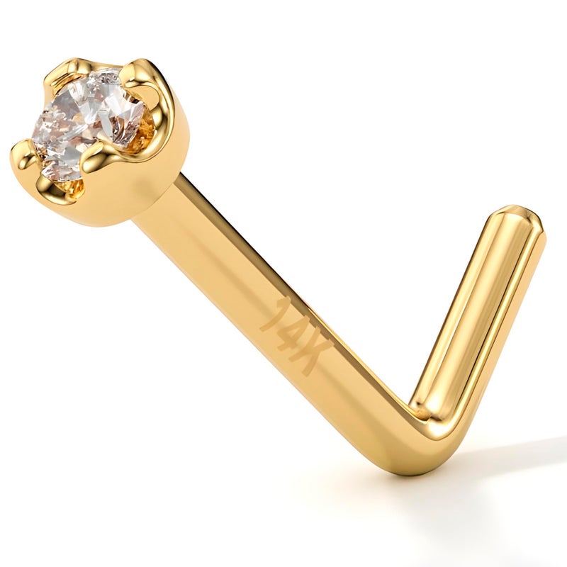 Body Candy 14k Gold L-Shaped Nose Ring with 1.5mm Diamond (0.015 cttw), Hypoallergenic Nose Jewelry - Handmade in USA, 20 Gauge 1/4 inch at Bend - Image 1